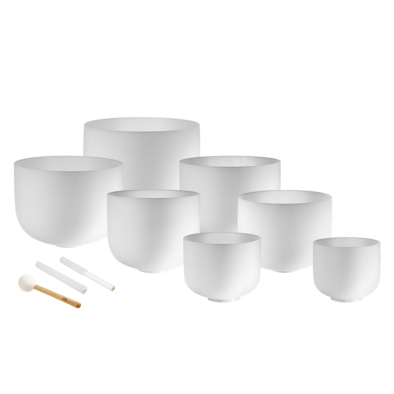 432 Hz 8"-14" Crystal Singing Bowls Chakra Set of 7 - Pure White Frosted Quartz