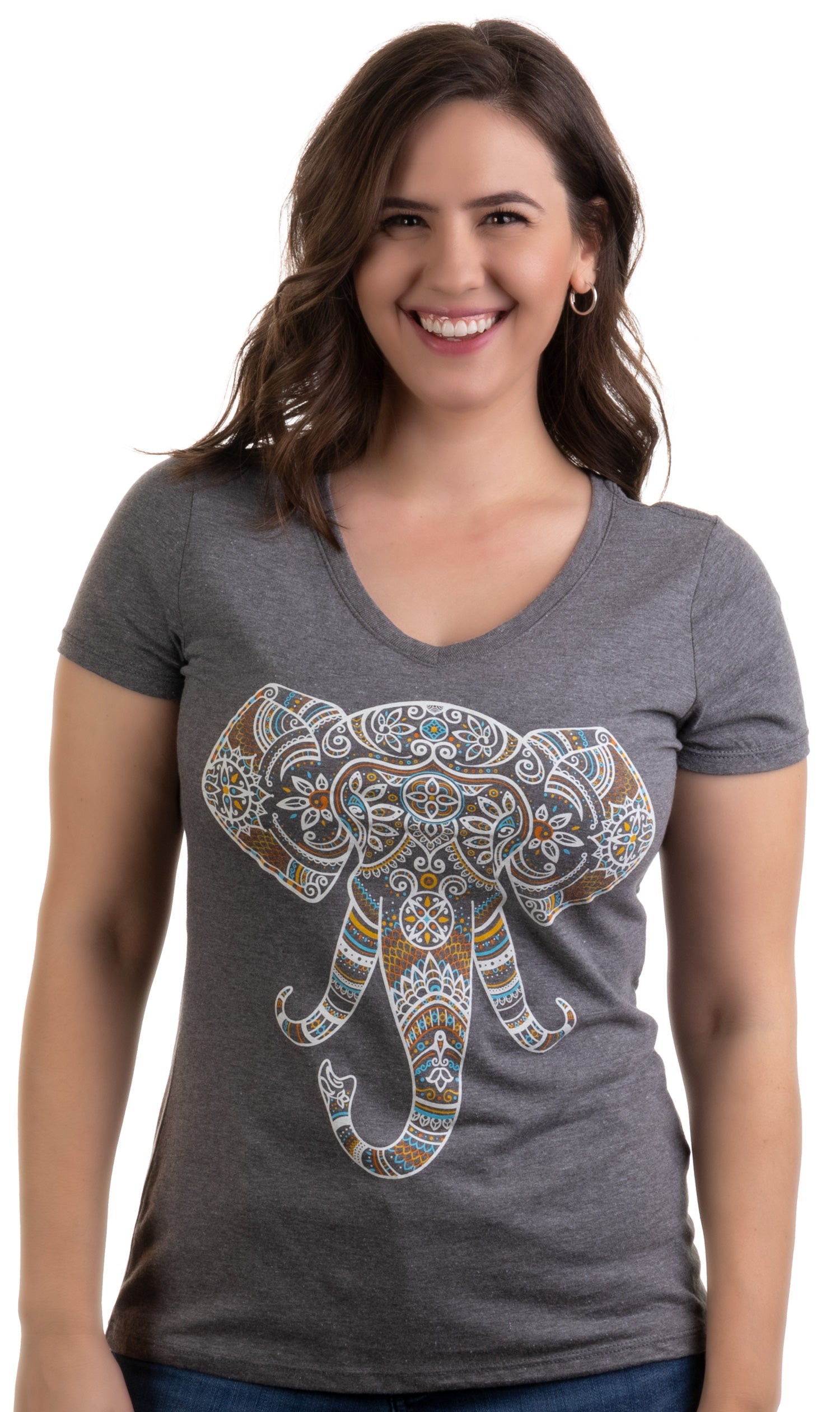 Elephant Aesthetic | Ornate Stylized Line Art Yoga V-neck T-shirt for Women